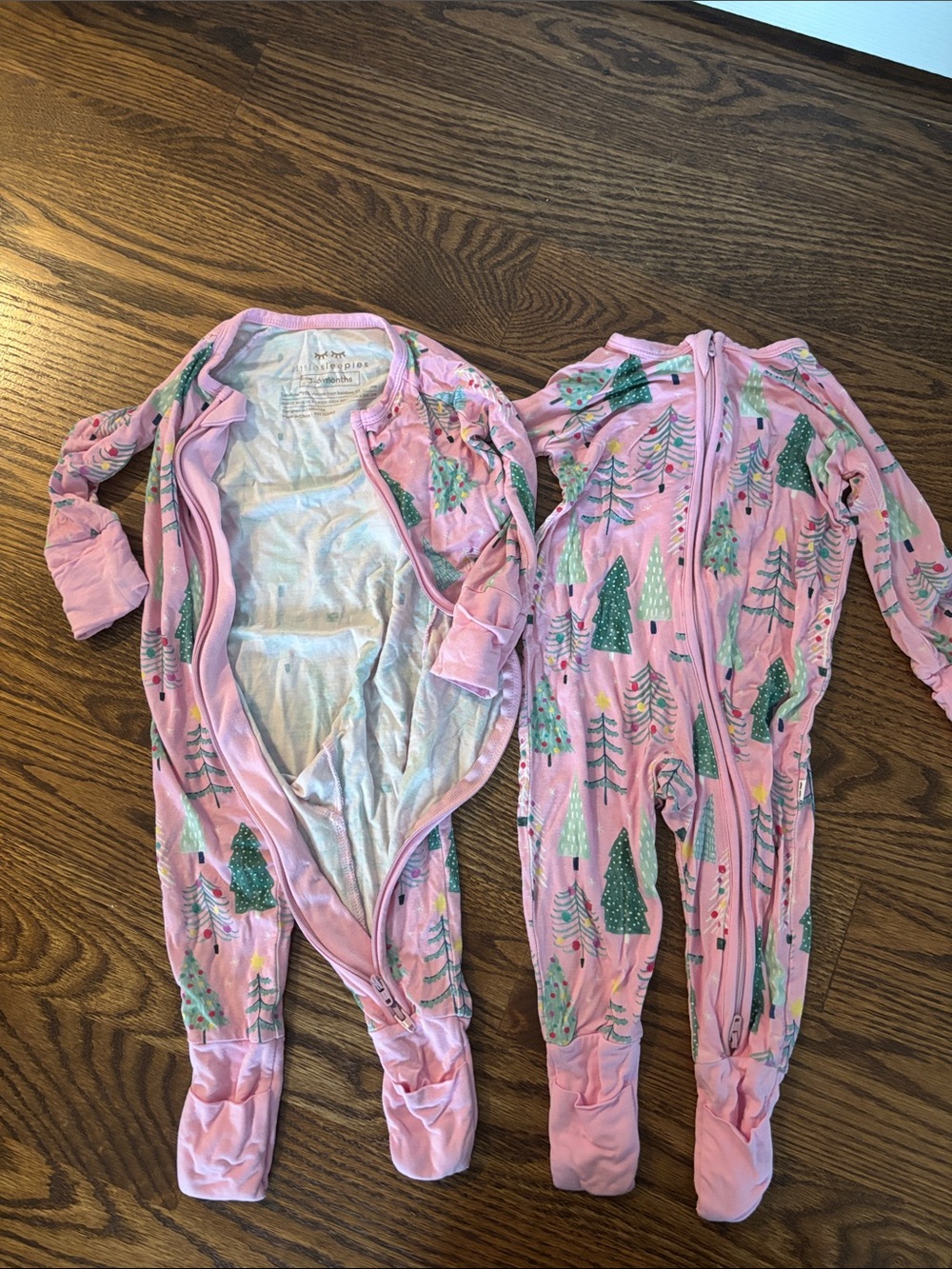 Twins, 2 Little Sleepies Pink Holiday Tree-Print Footed One-Piece Jammies